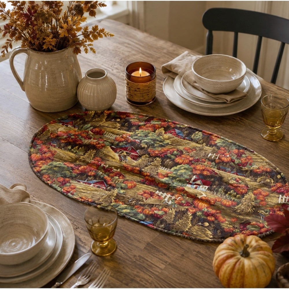 Vintage Table Runner Reversible Autumn Pumpkin Farm 30x18 Fall Decor Rustic 90s